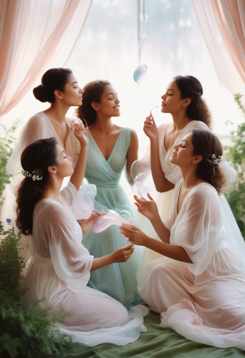 A serene, ethereal scene depicting a diverse group of women celebrating their femininity through sensual poses and intimate gestures. Soft natural lighting filters through sheer fabrics, enhancing their connectedness with nature. Include lush greenery, delicate flowers, and a bubble of warmth that encapsulates them. The background should evoke a sense of peace and empowerment. super-realistic. soft pastel colors. dreamy ambiance.